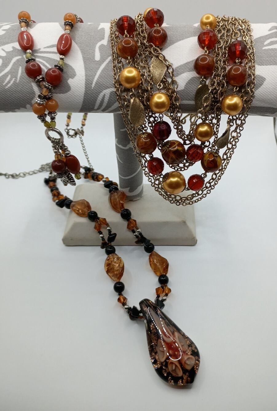 Vintage Statement Necklace Lot – 3 Amber, Red & Gold-Tone Necklaces